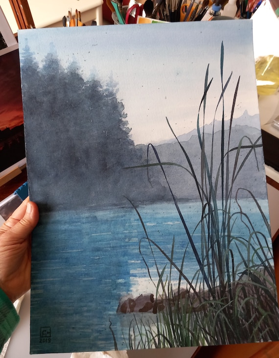 シレンツィ - オリジナルの水彩画、湖の風景画、山、森、穏やかな水