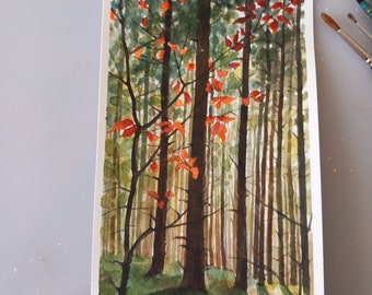 森の中 - オリジナルの水彩画、自然画、密林の木々の絵、木々や赤い葉