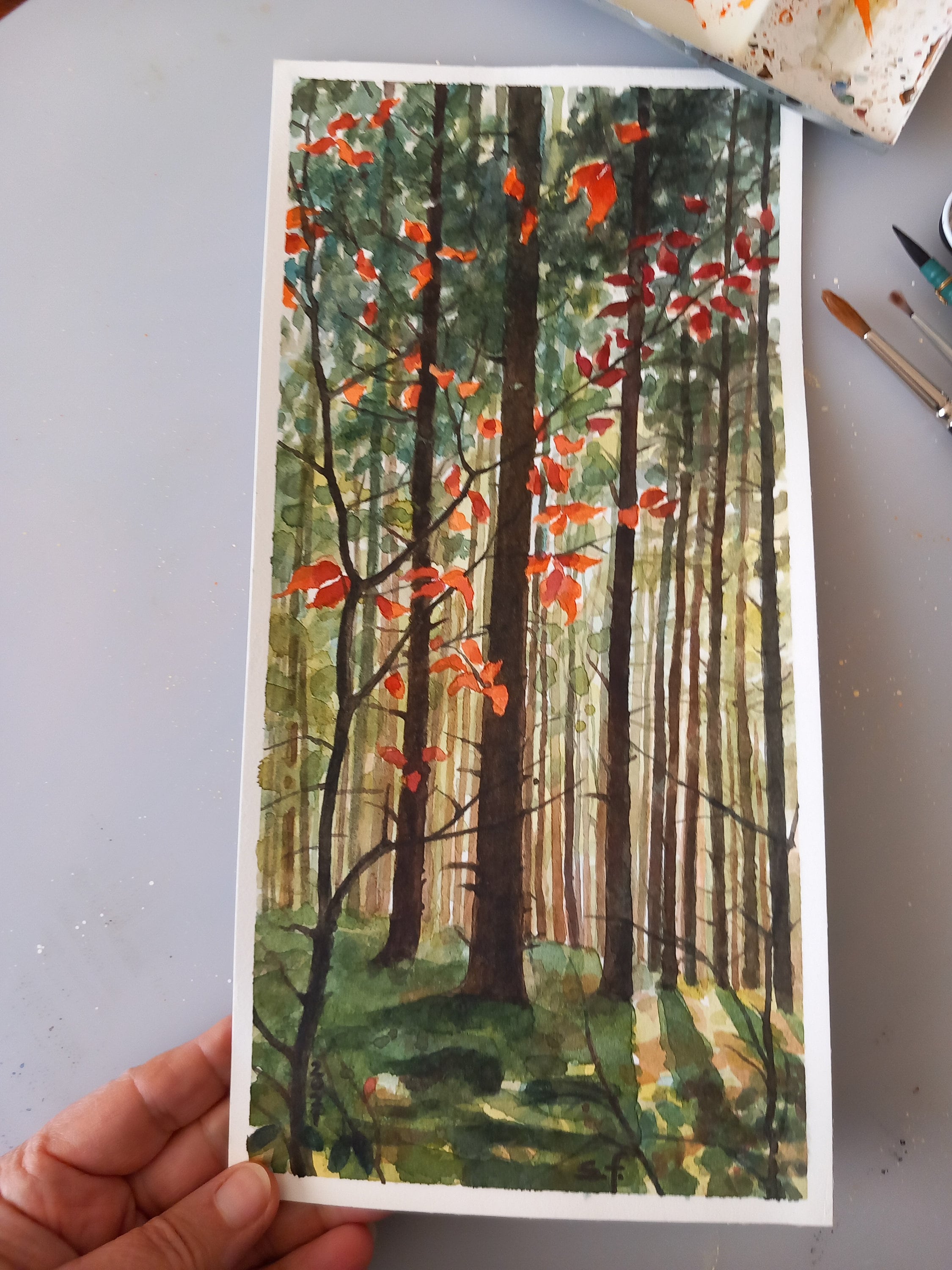 森の中 - オリジナルの水彩画、自然画、密林の木々の絵、木々や赤い葉