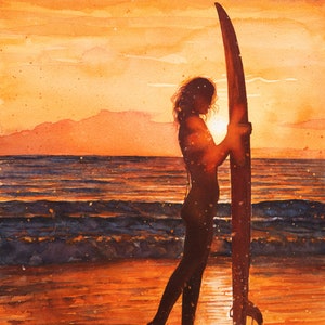Emozioni-dipinto a acquerelli originale,pittura paesaggio marino,mare,surfing,surfista,tavola da surf,spiaggia,onde sulla spiaggia,tramonto