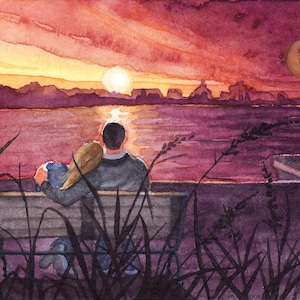 Soñando con la acuarela original del futuro, pintura de amantes, postal pintada a mano, puesta de sol romántica, regalo de San Valentín, banco