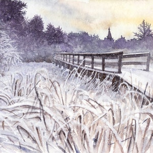 Pomeriggio d’inverno-dipinto a acquerello originale,pittura paesaggio naturale,riva del fiume sotto la neve e sul ponte di legno,erba gelata