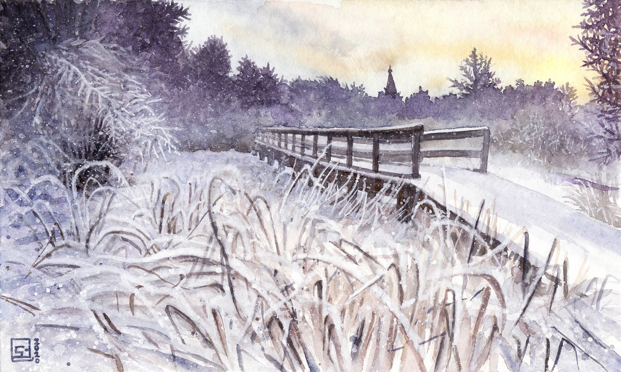 冬の風景 水彩画 シルバーフレーム 冬の午後 - オリジナルの水彩画、自然の風景画、雪の下と木の橋の上の