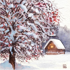 Bajo la nieve-original acuarela y gouache pintura, pintura, miniatura coleccionable, cabaña bajo la nieve, árbol con frutos rojos, boleto