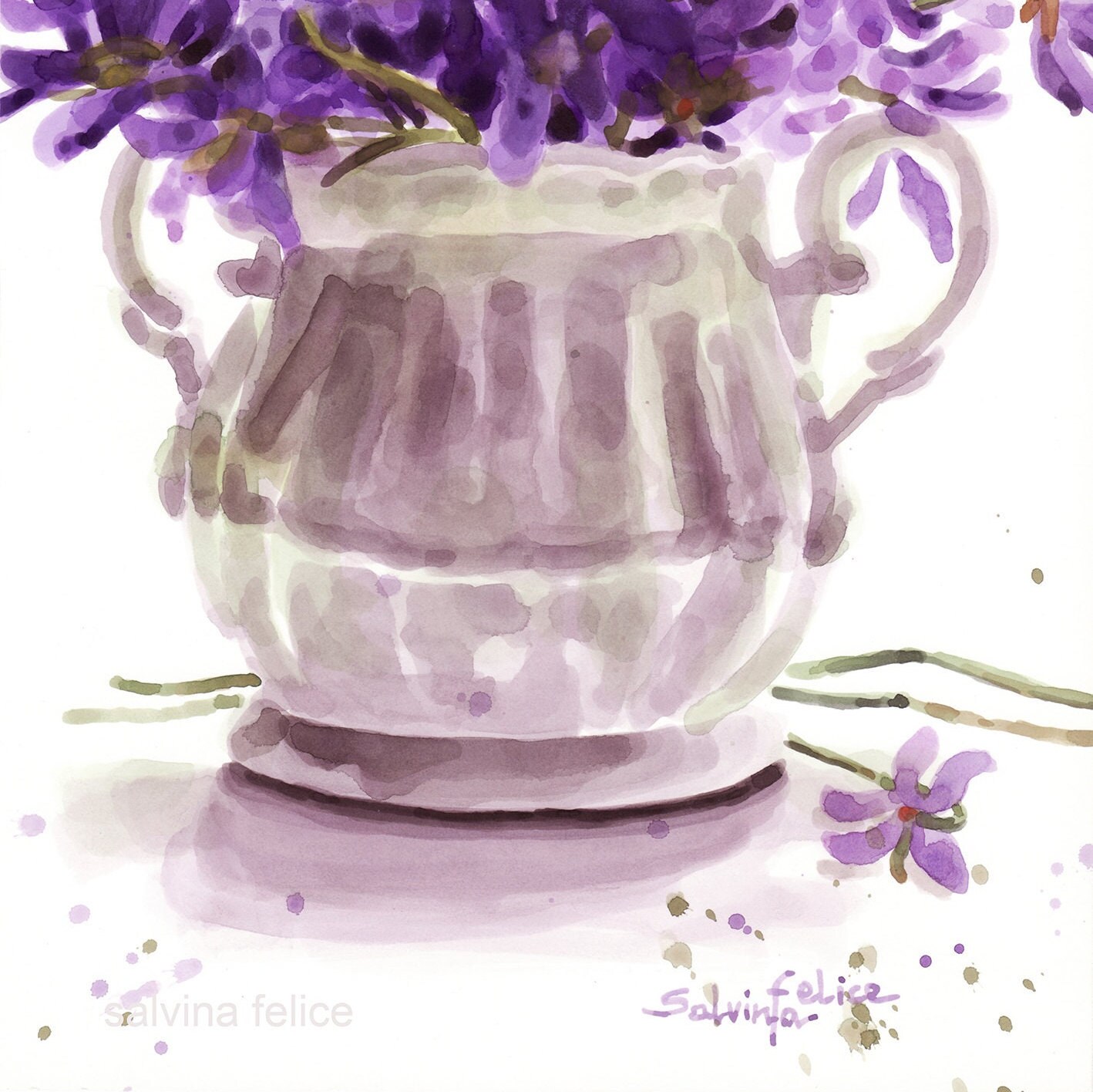 T.鈴木 水彩画 花瓶の花 フランス製水彩画 花瓶の花と本 上品な額付き