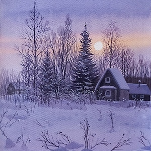 Alba d’inverno-dipinto originale a acquarello,pittura paesaggio invernale,nevica sulle fattorie,luci dell’alba,la neve ricopre i campi