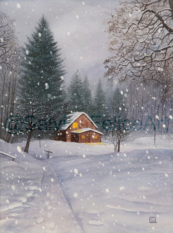 Snowy Cabin In The Woods Painting
