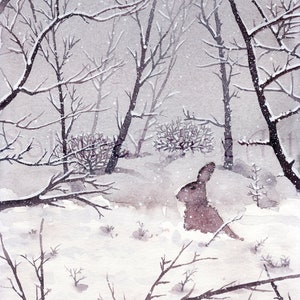 Lepre nella neve-dipinto originale ad acquarello,pittura di lepre,paesaggio invernale,nevicata,neve sui rami,animale selvatico del bosco,