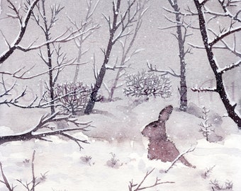 雪の中のウサギ – オリジナルの水彩画、ウサギの絵、冬の風景、降雪