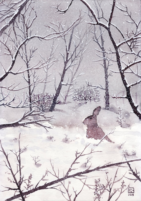 雪の中のウサギ – オリジナルの水彩画、ウサギの絵、冬の風景、降雪