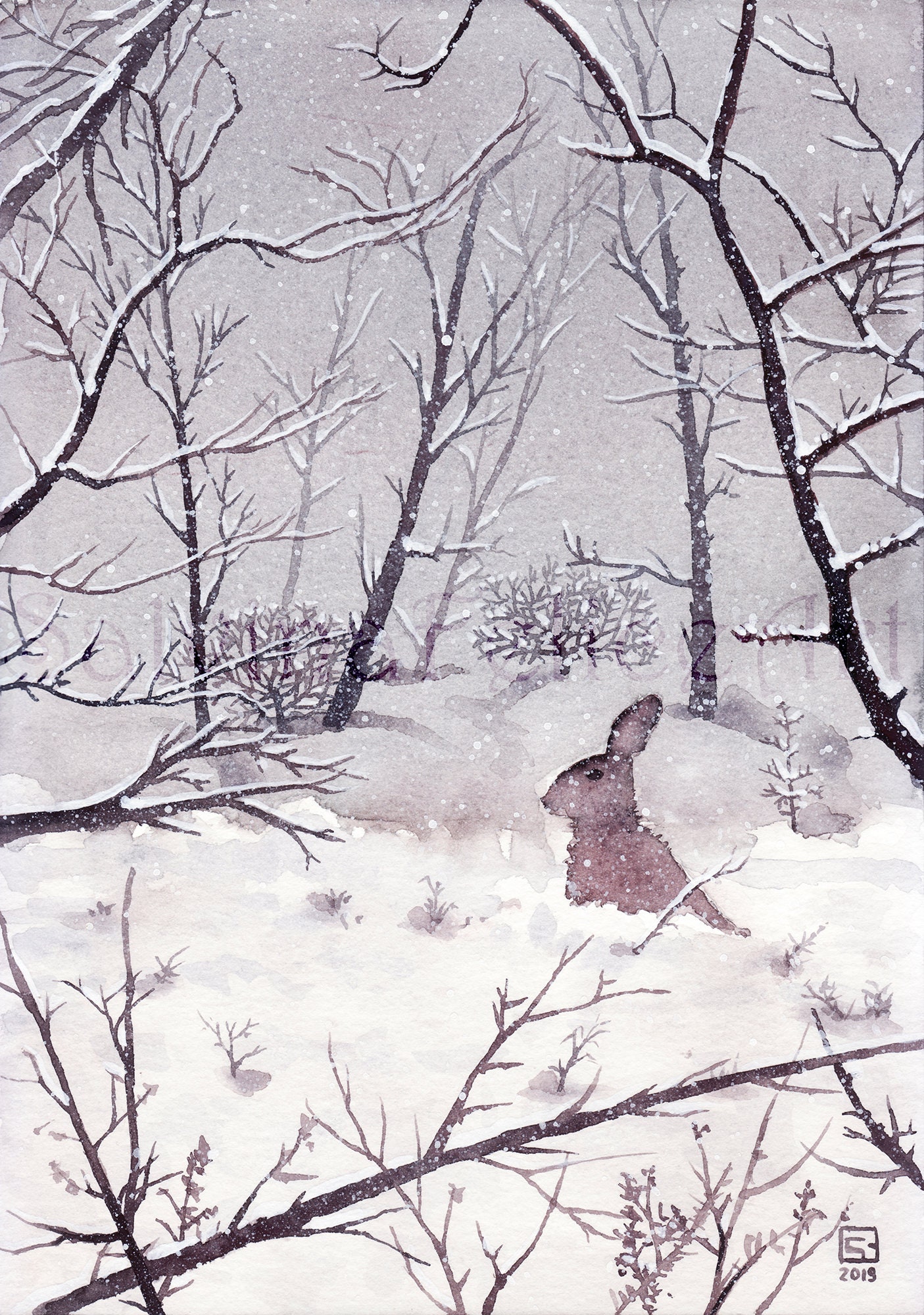 雪の中のウサギ – オリジナルの水彩画、ウサギの絵、冬の風景、降雪