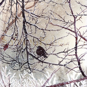 Inverno-dipinto originale a acquarello,pittura uccello nero,acquarello paesaggio invernale,uccello nero,neve nel bosco,rami innevati,merlo,