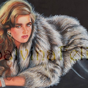 Print from my original mixed media painting Glamour, fur, red hair, young model, vintage fashion, eighties, long hair image 3