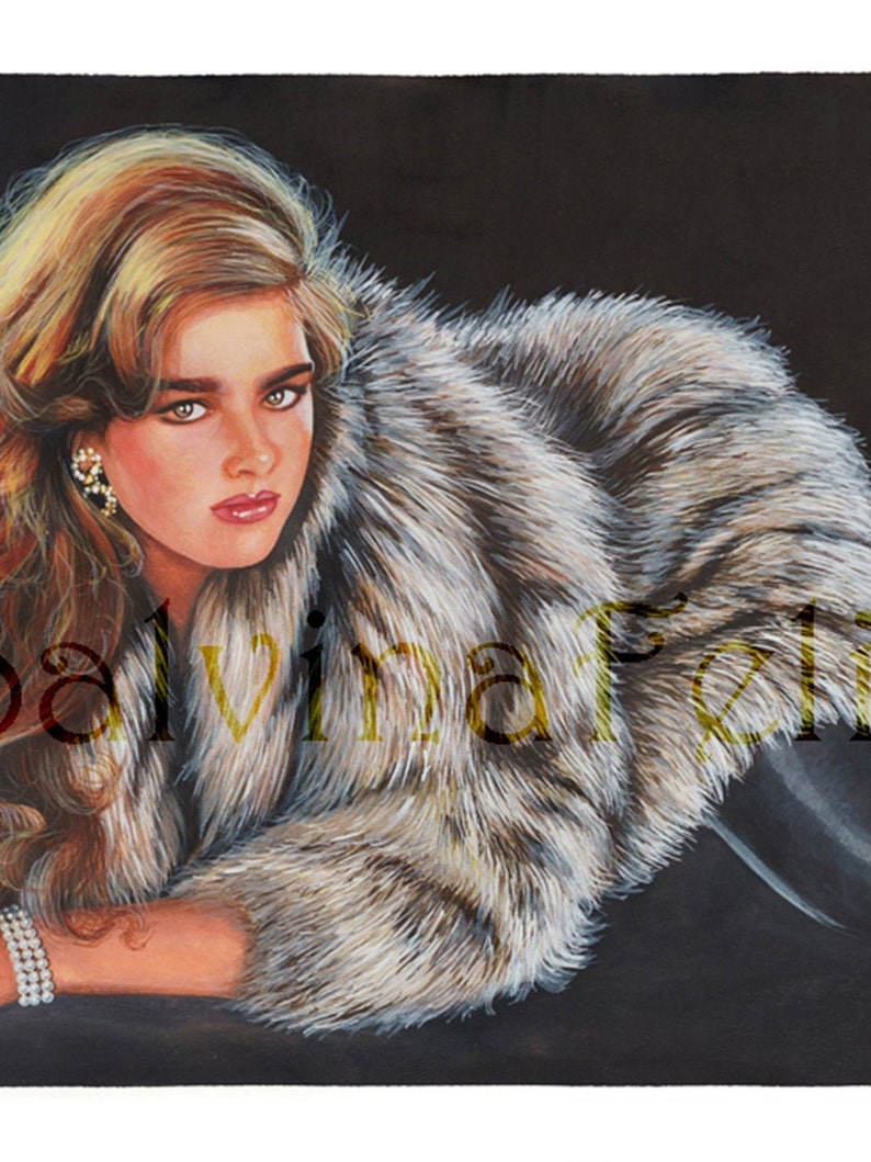 Print from my original mixed media painting Glamour, fur, red hair, young model, vintage fashion, eighties, long hair image 3