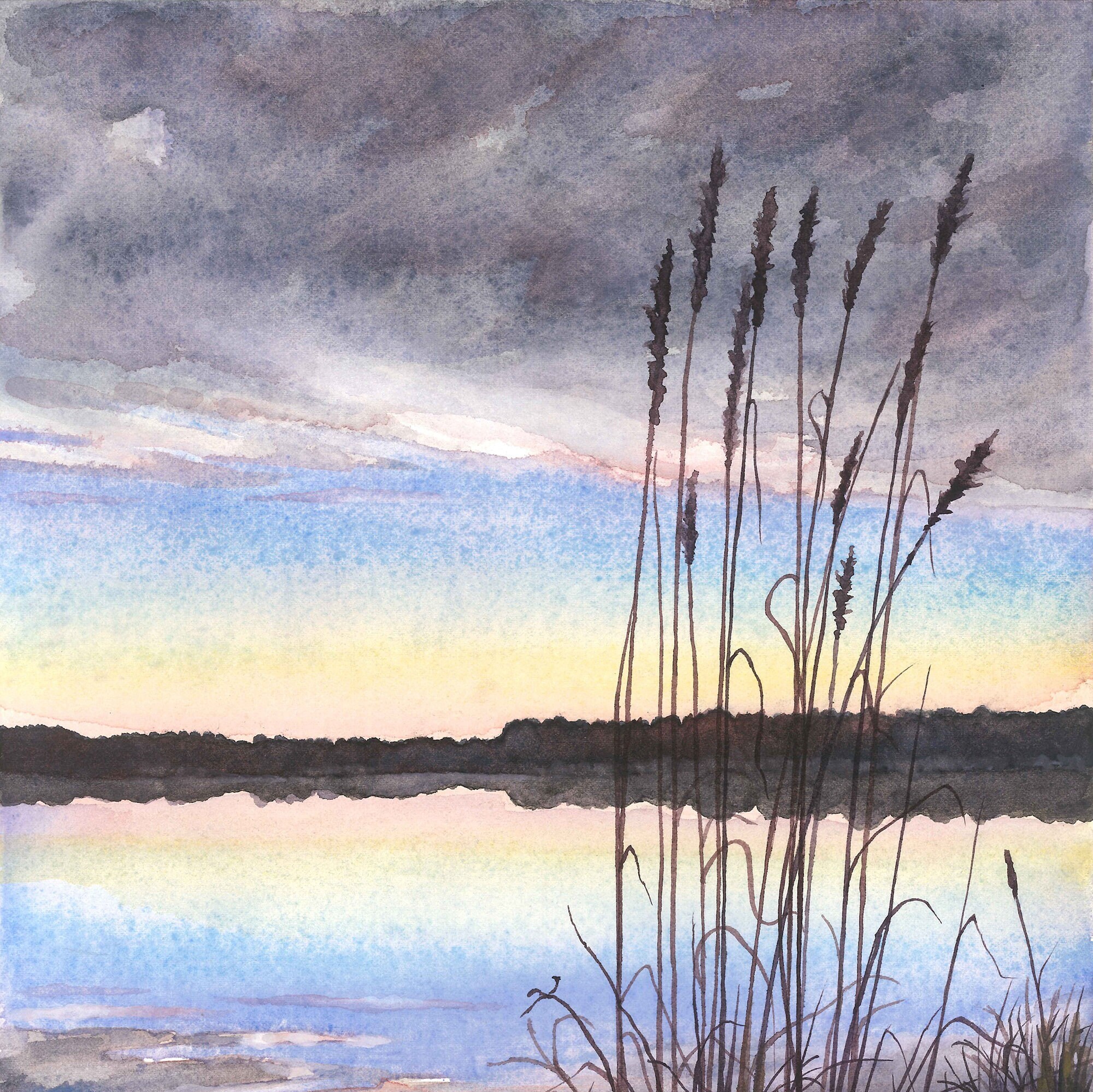 湖の反射 - オリジナルの水彩画、湖の風景、夜明け、日の出、昇る太陽