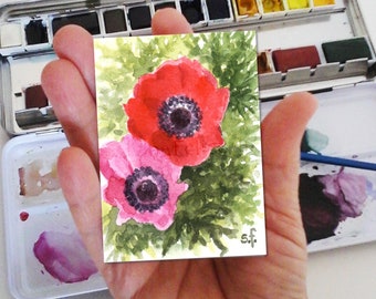 Two anemones-original watercolor painting, painting of red and pink colored flowers, miniature flowers, art ticket, small painting, ACEO