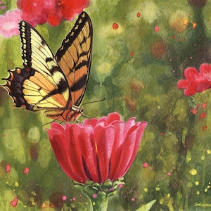 D'estate-dipinto originale ad acrilici,pittura di fiori,acrilico di farfalla che vola sul fiore,farfalla sul fiore rosso,zinnia,idea regalo