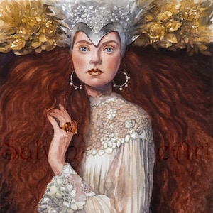 Regina di fiori-dipinto a acquarelli originale,pittura pizzi e merletti,dipinto donna dai capelli rossi,ritratto di regina di fiori,corona,