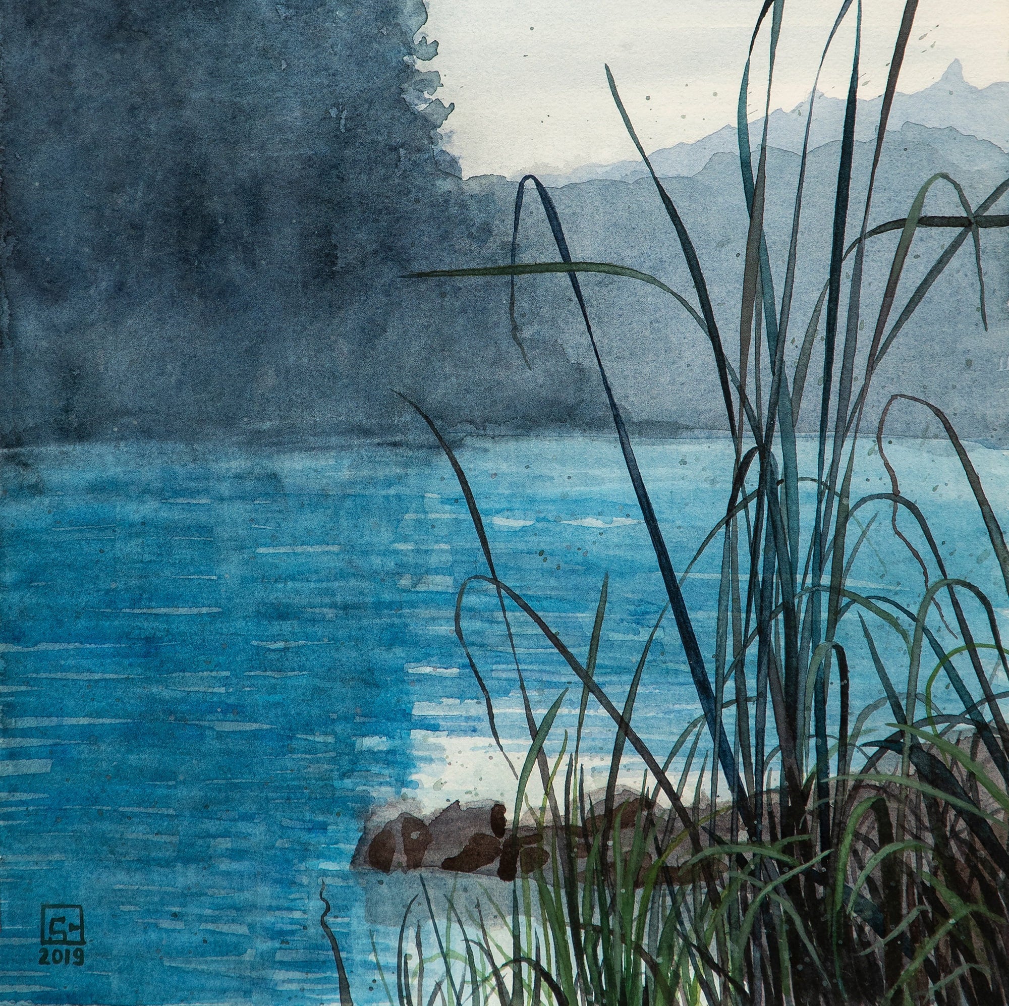 シレンツィ - オリジナルの水彩画、湖の風景画、山、森、穏やかな水