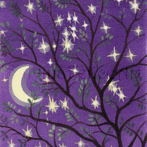 Purple Night with Moon Scythe-Acrylic and Ink Painting,Original Painting,Night Landscape,Moon in the Branches,Moonlight,Stars