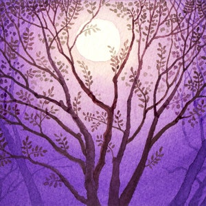 Purple nocturne-watercolor painting,original painting,original painting,night landscape,moon in the branches,violet atmosphere,moonlight