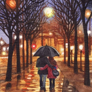 Un parapluie pour deux - aquarelle originale, peinture d'un couple sous le parapluie, cadeau Saint Valentin, carte postale des amoureux de la ville