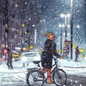 Inverno in città-dipinto originale a acquarello,pittura di ciclista nel traffico,nevica in città,passanti in strada sotto la neve,bicicletta