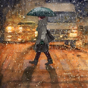 Homecoming - origineel aquarelschilderij, schilderij van een vrouw die het zebrapad oversteekt, het sneeuwt in de stad, vrouw op straat onder de paraplu