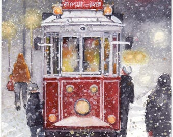 Una tarde de invierno - pintura original en técnica mixta, pintura de peatones en el tráfico, nevadas en la ciudad, transeúntes en la calle bajo la nieve, tranvía