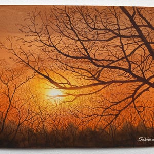 Tramonto autunnale-dipinto a acquarelli originale,paesaggio autunnale,sole tra i rami degli alberi,luce al tramonto,sole all'orizzonte,