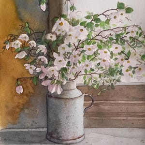 Pequenas flores brancas na janela - pintura em aquarela, pintura original, vasos de flores na janela, flores brancas, composição floral