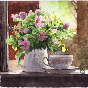 Fiorellini di prato-dipinto originale a acquarelli,pittura di fiori rosa in vaso,tazza da te’,fiori del campo finestra illuminata