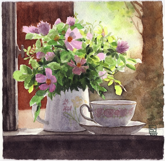 水彩画 花 小さな草原の花 – オリジナルの水彩画、花瓶、ティーカップ、照らされ