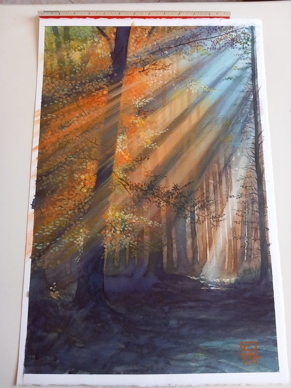 森の中の木漏れ日 - ミクストメディア絵画、オリジナル絵画、森林風景