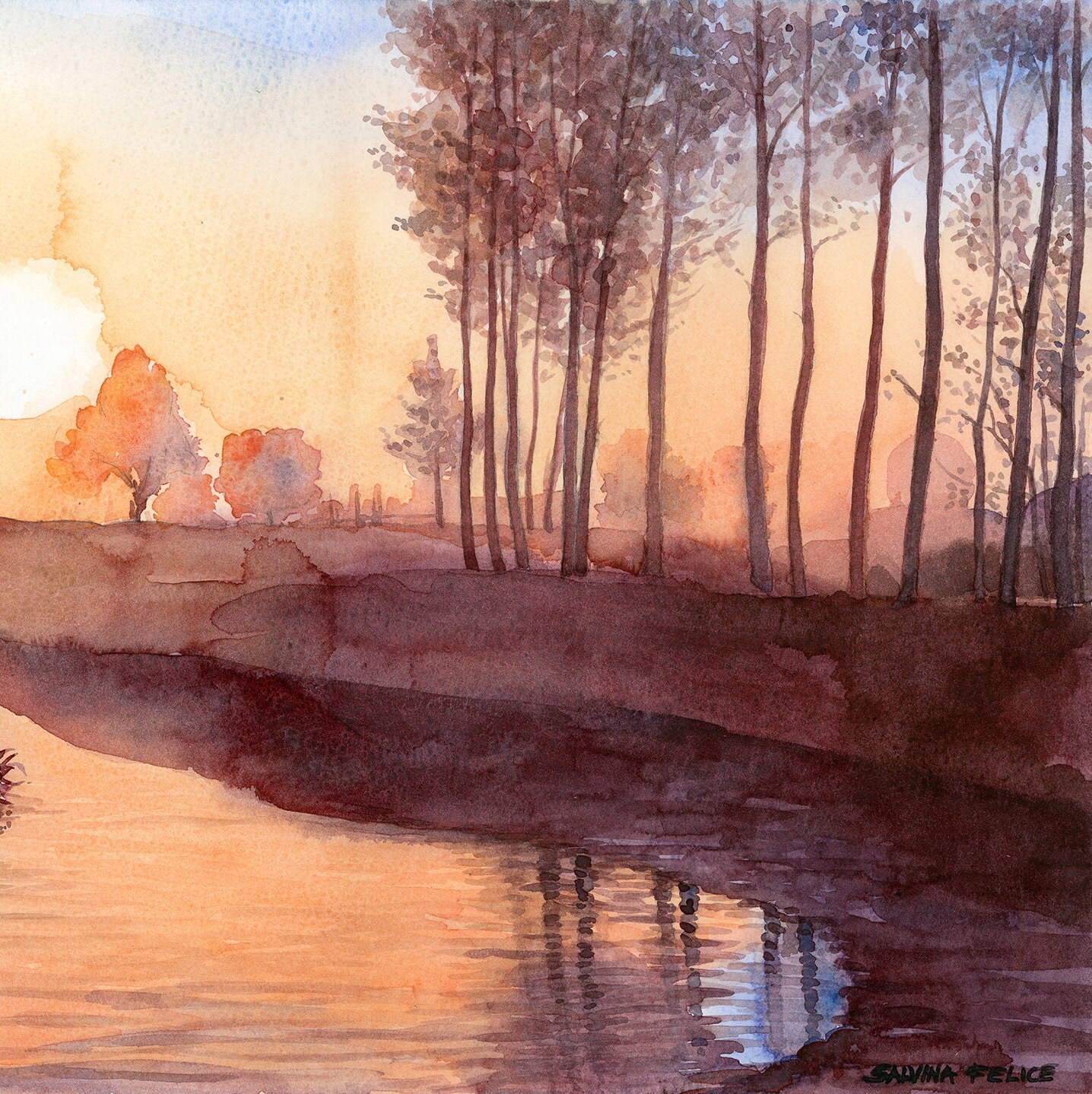 朝の霧 – オリジナルの水彩画、川岸の木々の絵、霧のかかった秋の風景