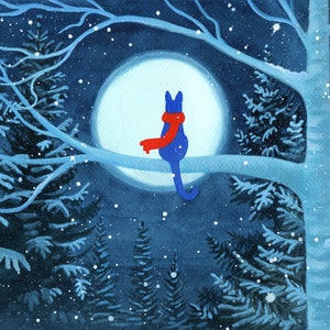 Il gatto e la luna–dipinto originale a tecnica mista ,pittura di gatto,sciarpa rossa,luna piena,rami innevati,notte fiabesca nel bosco,blu
