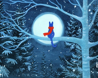 El gato y la luna: pintura original en técnica mixta, pintura de gatos, pañuelo rojo, luna llena, ramas nevadas, noche de cuento de hadas en el bosque, azul