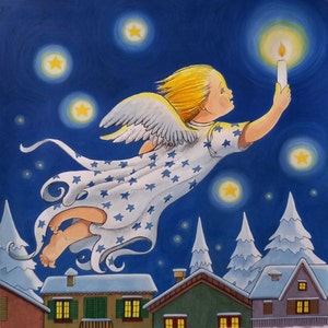 Angelo della stella-Illustrazione originale a tecnica mista,angelo che vola sopra la città,bambino con le ali,capelli biondi,luce candela,