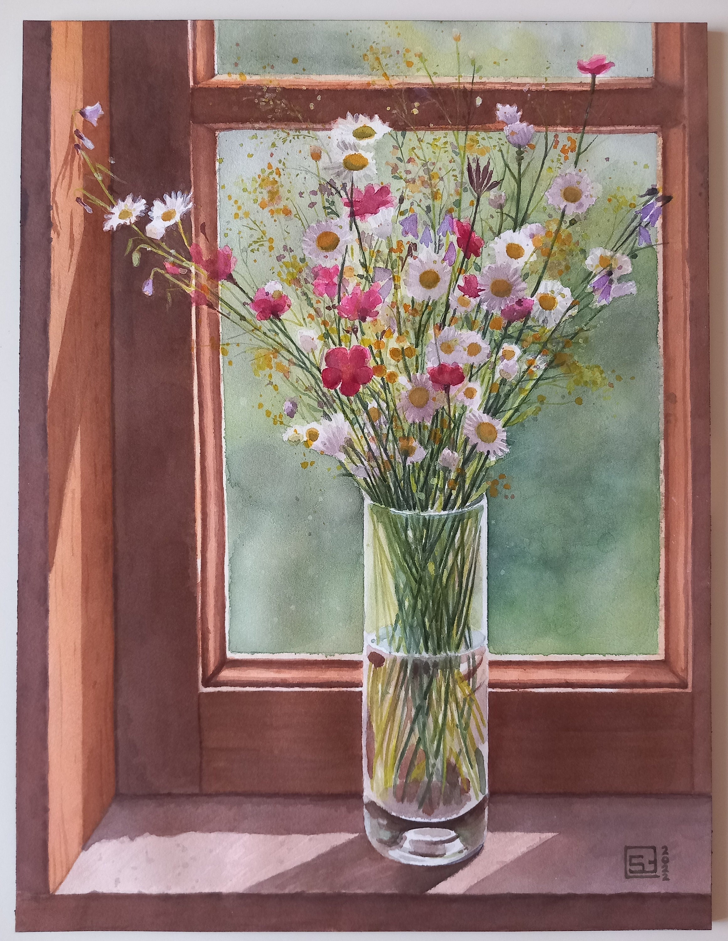 Wildflowers at the Window - Original Watercolor Painting