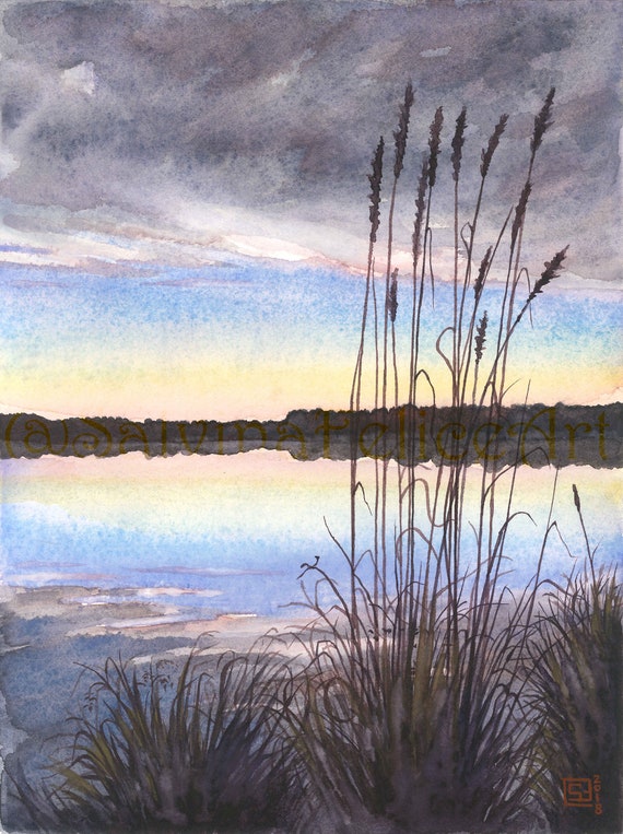 湖の反射 - オリジナルの水彩画、湖の風景、夜明け、日の出、昇る太陽