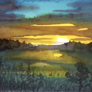 Amanecer en el lago - pintura original de acuarela, pintura de paisaje natural, luces del amanecer, cielo con nubes negras, postal artística, tarjeta