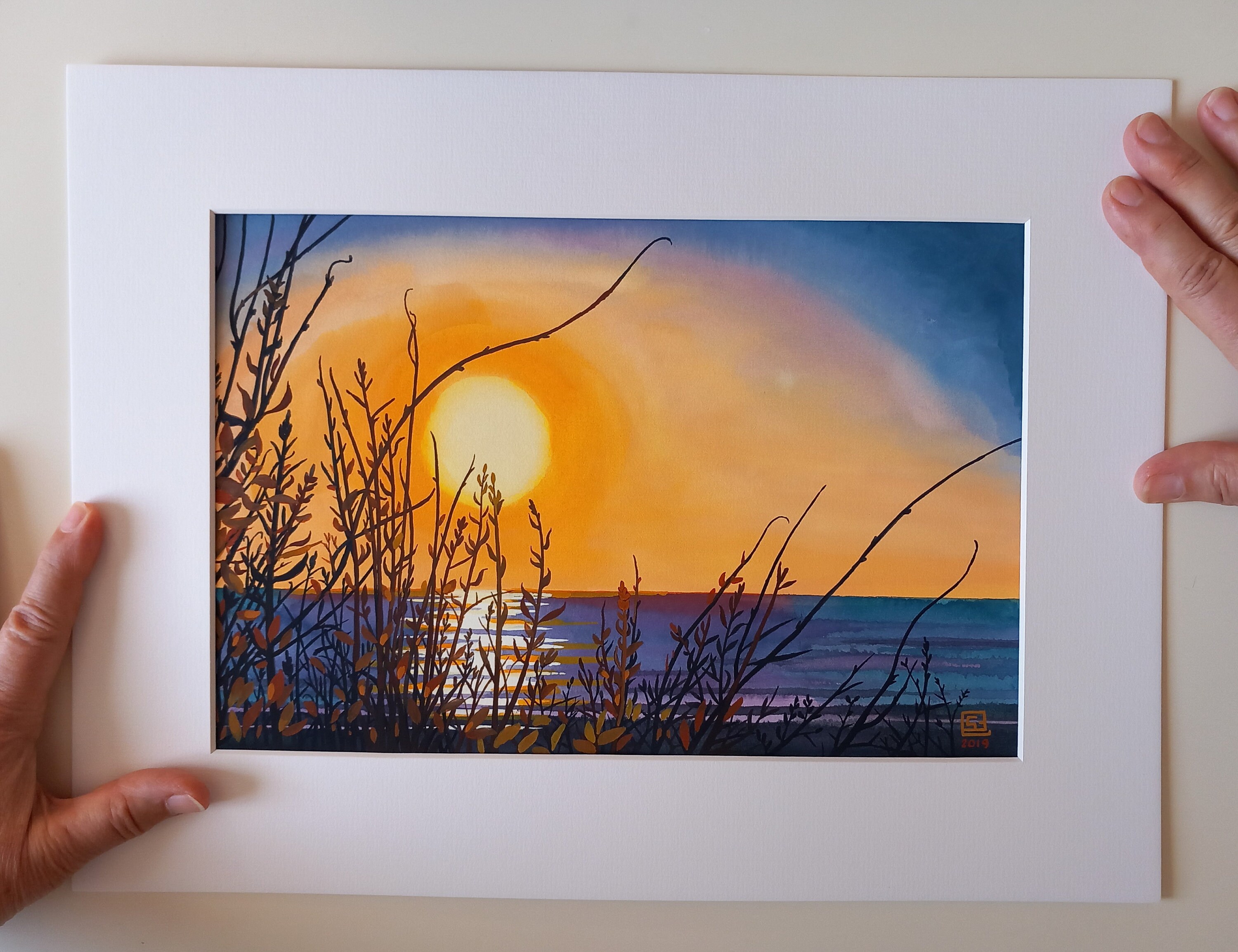 朝の太陽 - オリジナルのガッシュの絵画、海の景色、海景の絵画、海に
