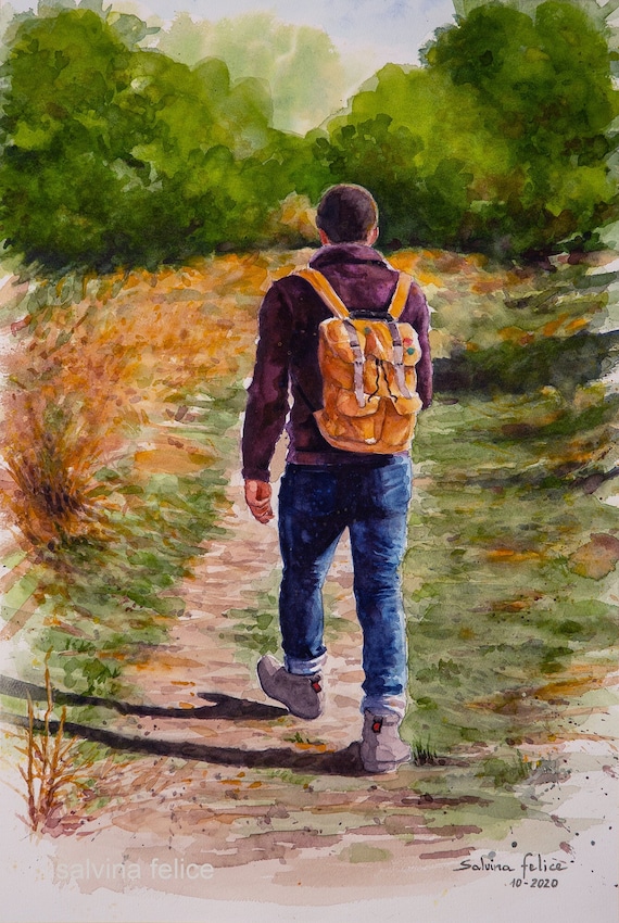 遅いペース - オリジナルの水彩画、山の風景、山道、孤独な歩行者 