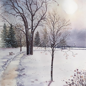 Nel silenzio-dipinto originale a acquarello,pittura paesaggio invernale,sole pallido,neve ricopre i campi e alberi,ombre lunghe,sentiero