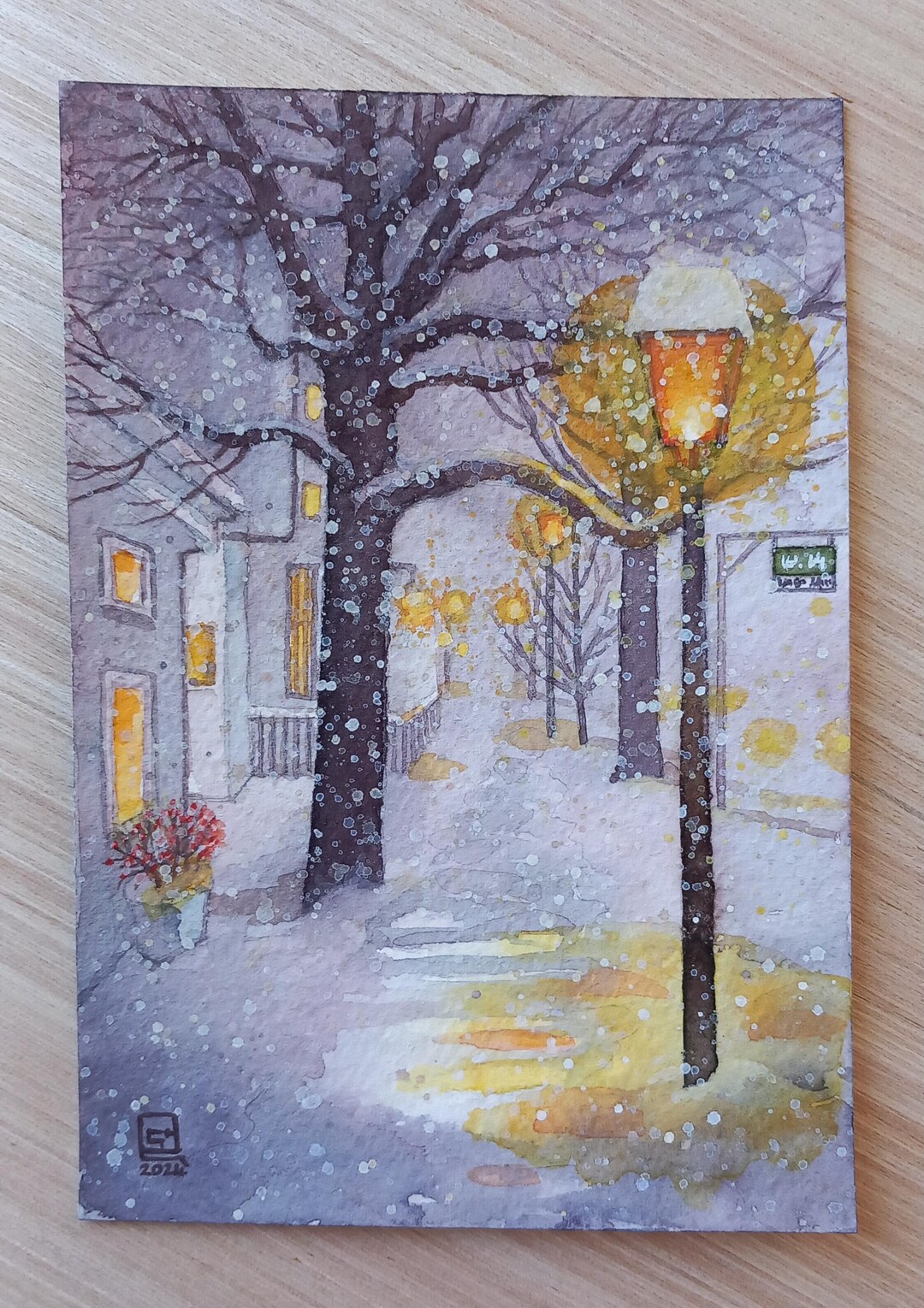 静寂の中で - 水彩画、オリジナル絵画、降る雪、街灯、人けのない雪道