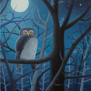 Nel bosco di notte-dipinto a olio originale,pittura di civetta sul ramo,uccello rapace notturno,luna piena tra i rami del bosco,bacche rosse
