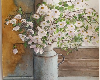 窓辺の小さな白い花 - 水彩画、オリジナルの絵画、窓際の鉢植えの花
