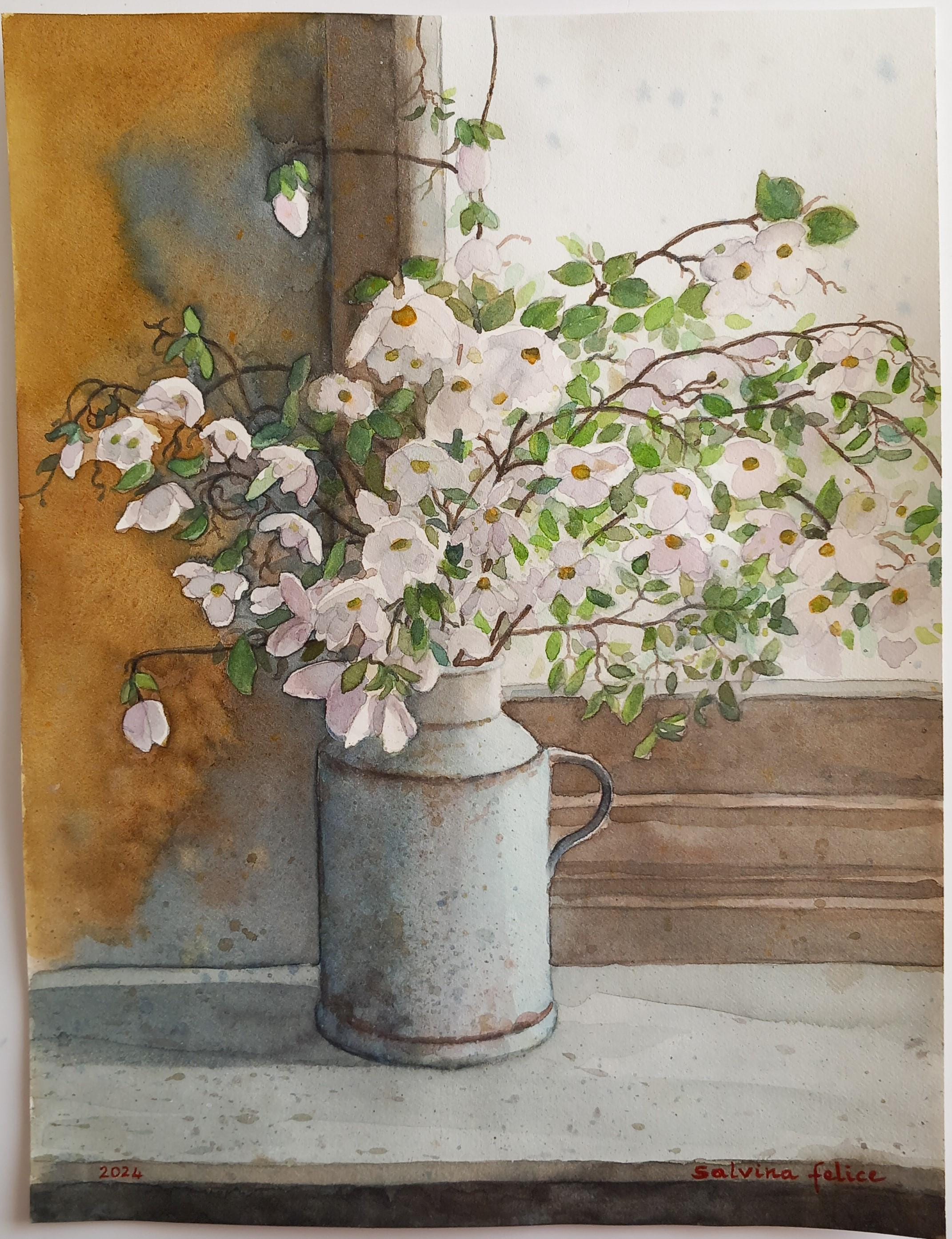窓辺の小さな白い花 - 水彩画、オリジナルの絵画、窓際の鉢植えの花