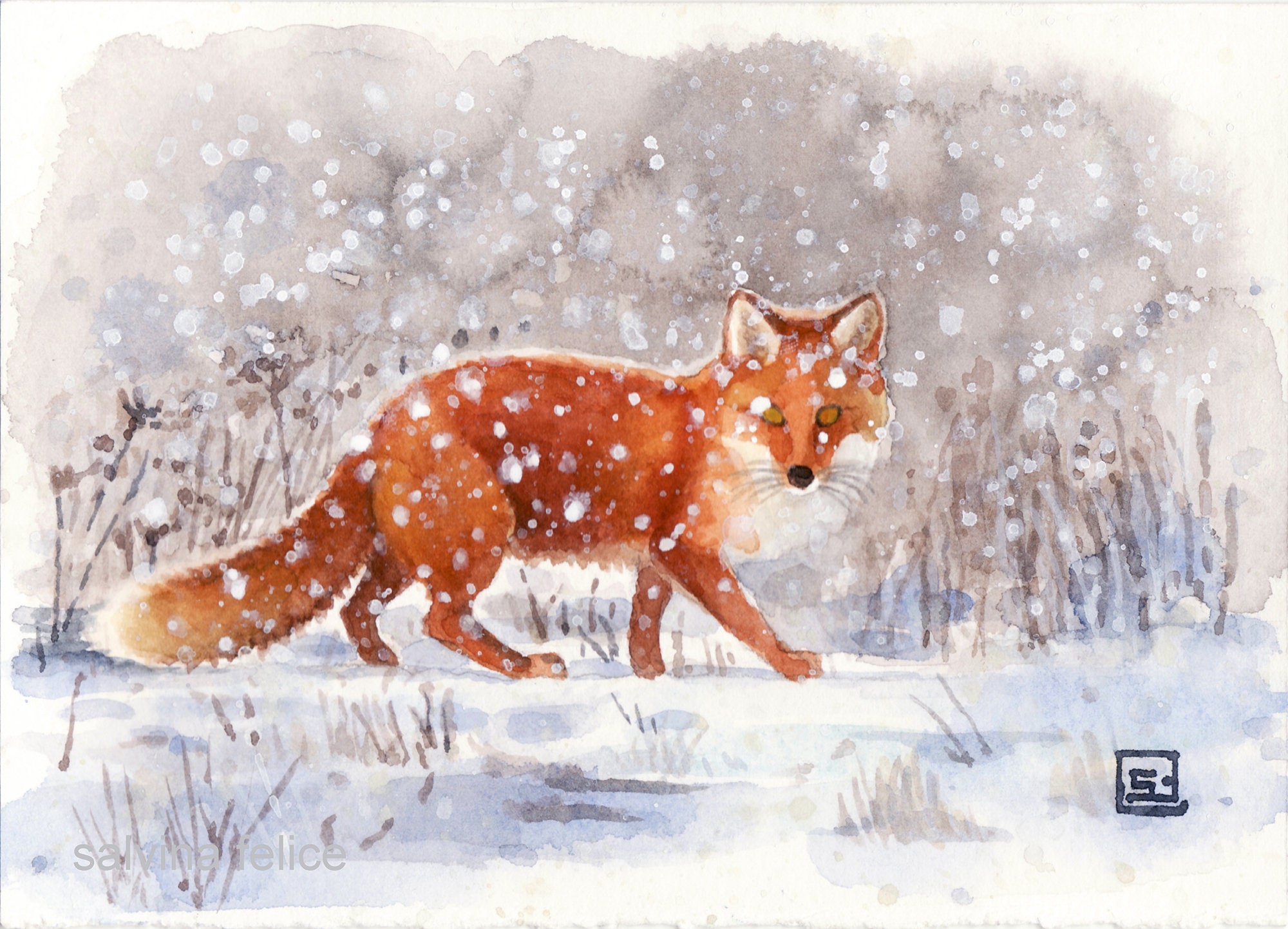 「雪原の狐」　手描き　油絵　油彩画　風景画　原画 雪原の狐」 手描き 油絵 油彩画 風景画 原画