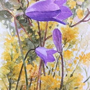 Campanule-dipinto originale a aquarelli,campanelle,fiori viola,fiori piccoli,dipinto di fiori selvatici,pittura floreale,cartolina,